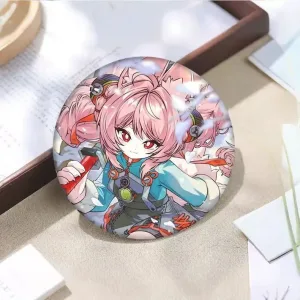 Thick rectangular Zenless Zone Zero acrylic mahjong block and a matching round badge showcasing character Zhao with pink hair and red eyes on a glittering background.