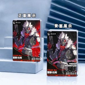 Three sizes of Zenless Zone Zero acrylic quicksand card bricks featuring characters Promeia and Billy Kid with sparkling liquid glitter backgrounds.