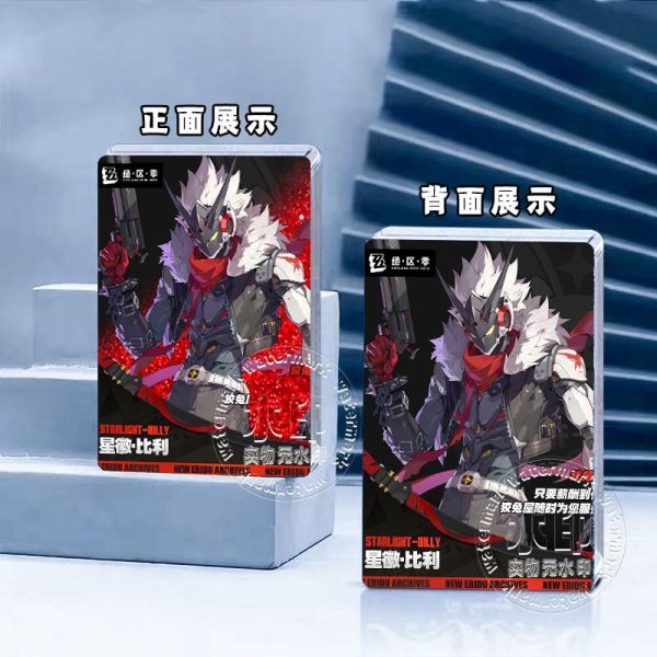 Three sizes of Zenless Zone Zero acrylic quicksand card bricks featuring characters Promeia and Billy Kid with sparkling liquid glitter backgrounds.