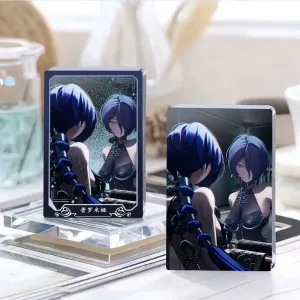 Thick rectangular Zenless Zone Zero acrylic mahjong block and a matching round badge showcasing character Promeia looking into a mirror reflection.
