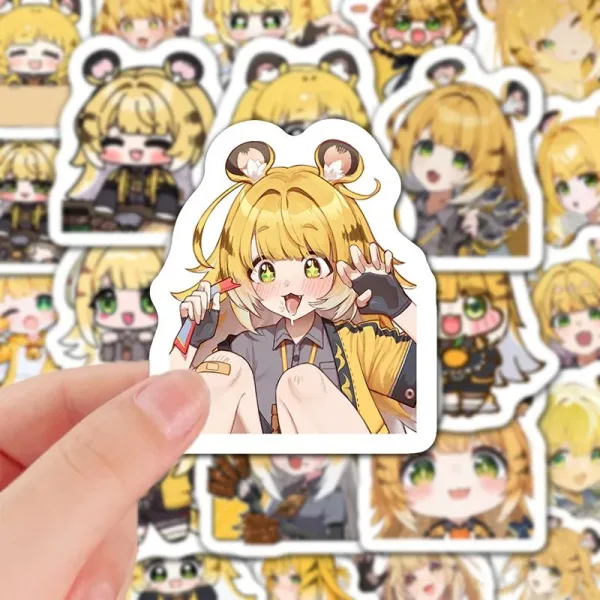 A collection of high-definition die-cut Zenless Zone Zero vinyl chibi stickers showing various cute, tiger-eared expressions of character Jufu in her signature yellow jacket.