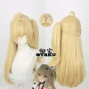 Premium 75cm blonde cosplay wig for Cissia from Zenless Zone Zero, displaying a realistic top scalp parting and a long detachable claw-clip ponytail.