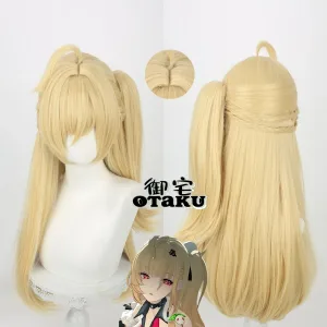 Premium 75cm blonde cosplay wig for Cissia from Zenless Zone Zero, displaying a realistic top scalp parting and a long detachable claw-clip ponytail.