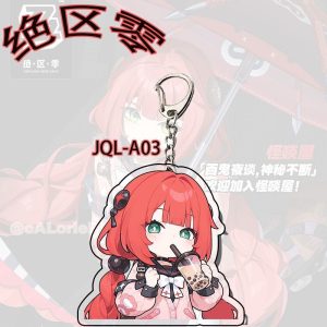 Six different Zenless Zone Zero acrylic keychains featuring chibi Alice and Ukiha Yuzuha sipping bubble tea and posing with funny expressions.