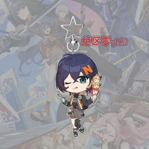 A $5\text{cm}$ Zenless Zone Zero acrylic chibi keychain showcasing character Ukiha Yuzuha with bright green eyes and crimson braids holding a mechanical red umbrella.