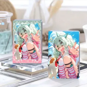 Thick rectangular Zenless Zone Zero acrylic mahjong block and matching round badge showcasing a beautiful summer illustration of green-haired character Sunna reaching out with a calico cat.