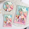 Thick rectangular Zenless Zone Zero acrylic mahjong block and matching round badge showcasing a beautiful summer illustration of green-haired character Sunna reaching out with a calico cat.