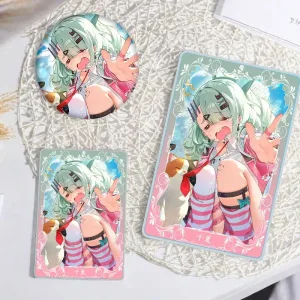 Thick rectangular Zenless Zone Zero acrylic mahjong block and matching round badge showcasing a beautiful summer illustration of green-haired character Sunna reaching out with a calico cat.
