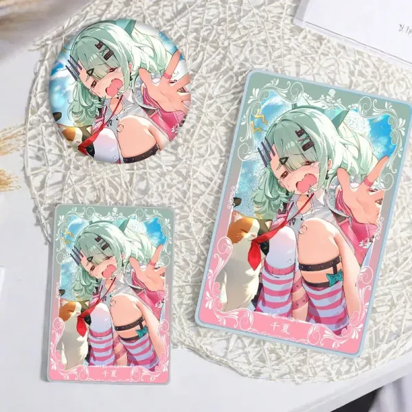 Thick rectangular Zenless Zone Zero acrylic mahjong block and matching round badge showcasing a beautiful summer illustration of green-haired character Sunna reaching out with a calico cat.