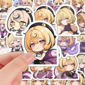 A collection of high-definition die-cut Zenless Zone Zero vinyl chibi stickers showing various cute, tentacled expressions of character Eridheiry with short blonde hair and purple outfits.