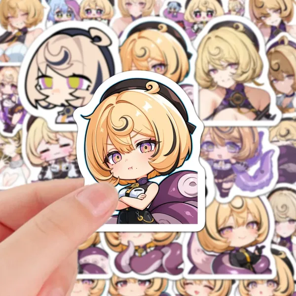 A collection of high-definition die-cut Zenless Zone Zero vinyl chibi stickers showing various cute, tentacled expressions of character Eridheiry with short blonde hair and purple outfits.