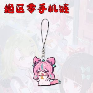Mini chibi acrylic Zenless Zone Zero phone charms showing green-haired character Sunna crouching down and a pink character screaming on a black cord loop strap.
