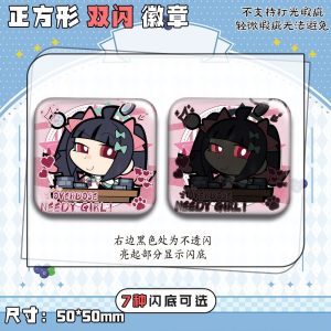 50mm square ZZZ anime badges of Nangong Yu and Cissia with funny meme expressions and shimmering holographic double-flash effects.