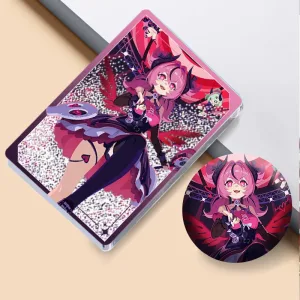 Thick rectangular Zenless Zone Zero acrylic mahjong block and a matching round badge showcasing character Aria with pink hair, bat wings, and a sparkling pink stage background.