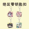 Collection of ZZZ chibi acrylic keychains featuring Eri, Chinatsu, and Nangong Yu with funny emoji and meme expressions.