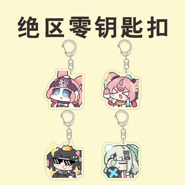 Collection of ZZZ chibi acrylic keychains featuring Eri, Chinatsu, and Nangong Yu with funny emoji and meme expressions.