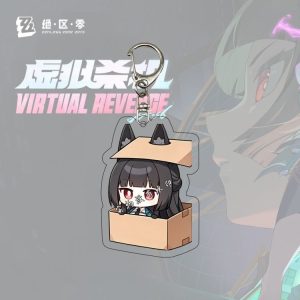 Six separate Zenless Zone Zero acrylic chibi keychains showing character Hoshimi Miyabi in various emote expressions, hiding in a box, and wearing a green melon costume.