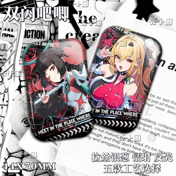 High-definition 44x70mm rectangular badges of ZZZ characters Cissia and Nangong Yu featuring a glittering holographic silver onion finish and tactical caution tape background patterns.