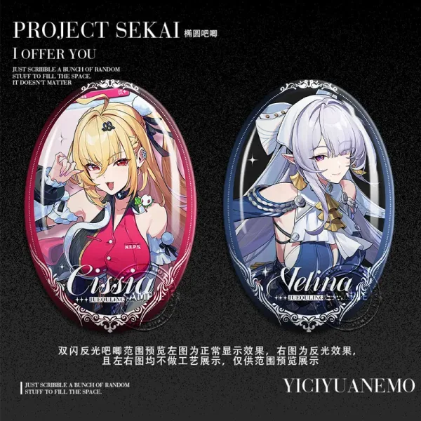 High-definition Cissia and Velina anime pins featuring a unique oval design and reflective coating.
