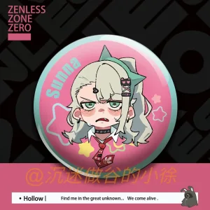Round 58mm Zenless Zone Zero tinplate badges showing cute chibi illustrations of green-haired Sunna, twin-tailed Nangong Yu, and pink-haired Aria on pastel pink and mint backgrounds.