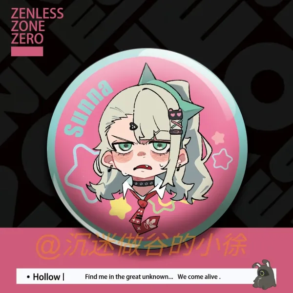 Round 58mm Zenless Zone Zero tinplate badges showing cute chibi illustrations of green-haired Sunna, twin-tailed Nangong Yu, and pink-haired Aria on pastel pink and mint backgrounds.