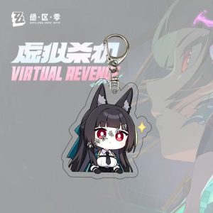 Six separate Zenless Zone Zero acrylic chibi keychains showing character Hoshimi Miyabi in various emote expressions, hiding in a box, and wearing a green melon costume.