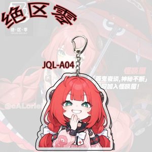 Six different Zenless Zone Zero acrylic keychains featuring chibi Alice and Ukiha Yuzuha sipping bubble tea and posing with funny expressions.