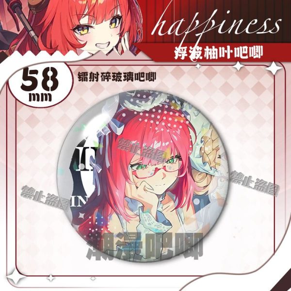 Round $58\text{mm}$ Zenless Zone Zero tinplate fan badge showing character Ukiha Yuzuha with red hair and green eyes covered in a shimmering laser shattered-glass holographic film.