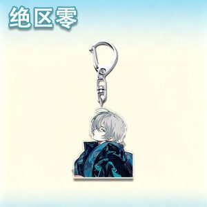 Four separate Zenless Zone Zero acrylic keychains showcasing stylized agents with silver hair, a dark coat, a cat ear hood, and a pink bunny costume on metal clasps