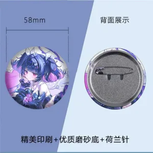 Thick rectangular $6\times 9\text{cm}$ Zenless Zone Zero acrylic mahjong block and a matching round 58mm badge showcasing character Nangong Yu with a purple holographic background layer.