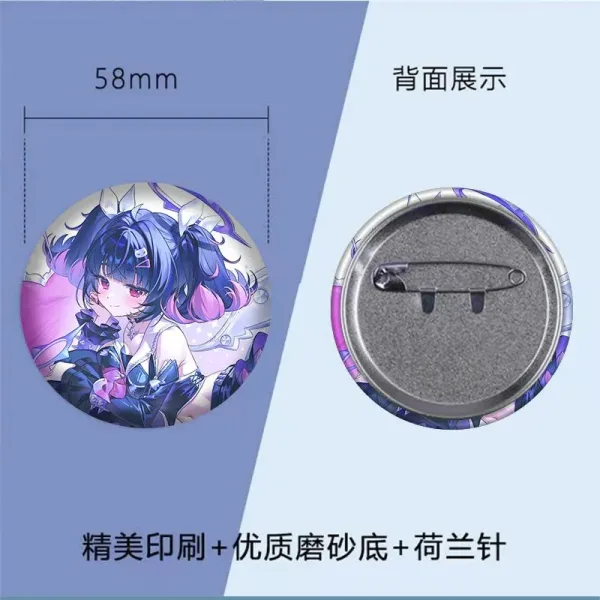 Thick rectangular $6\times 9\text{cm}$ Zenless Zone Zero acrylic mahjong block and a matching round 58mm badge showcasing character Nangong Yu with a purple holographic background layer.