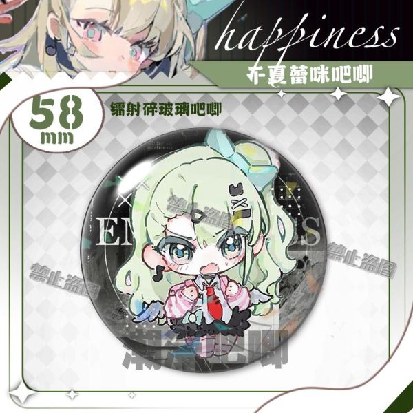 Round 58mm Zenless Zone Zero badge of character Sunna with a sparkling rainbow laser shattered-glass holographic film overlay.