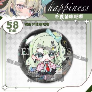 Round 58mm Zenless Zone Zero badge of character Chinatsu with a sparkling rainbow laser shattered-glass holographic film overlay.
