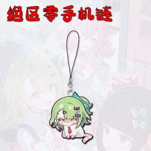 Mini chibi acrylic Zenless Zone Zero phone charms showing green-haired character Sunna crouching down and a pink character screaming on a black cord loop strap.
