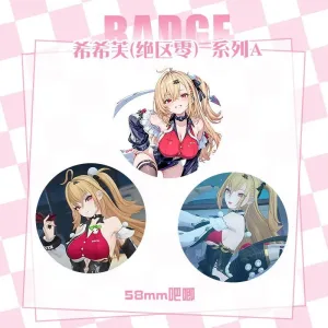 High-definition 58mm ZZZ Cissia anime badge pin with a glossy protective finish and durable metal back.