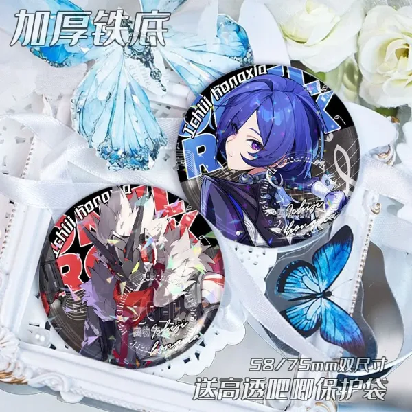 Round Zenless Zone Zero holographic star flash badges featuring character Promeia with blue hair and cyborg Billy Kid holding dual guns.