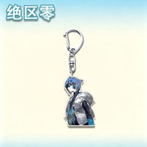 Four separate Zenless Zone Zero acrylic keychains showcasing stylized agents with silver hair, a dark coat, a cat ear hood, and a pink bunny costume on metal clasps