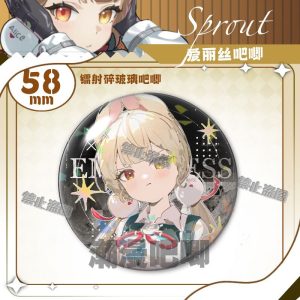 Round 58mm Zenless Zone Zero tinplate badge showcasing character Alice with blonde braided hair, rabbit ears, and orange eyes under a glittering shattered glass holographic layer.