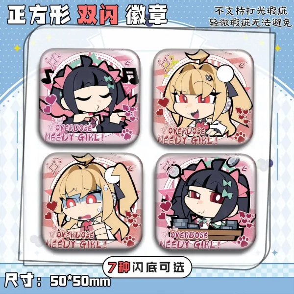 50mm square ZZZ anime badges of Nangong Yu and Cissia with funny meme expressions and shimmering holographic double-flash effects.