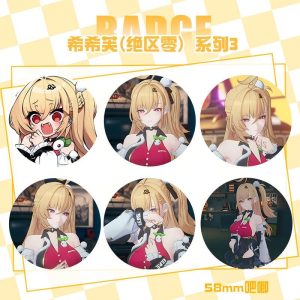 Collection of round 58mm Zenless Zone Zero tinplate badges showcasing agent Cissia in various expressions, chibi styles, and tactical N.E.P.S. outfits.