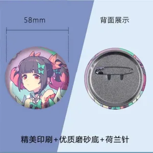 Thick rectangular $6\times 9\text{cm}$ Zenless Zone Zero acrylic mahjong block and a matching round 58mm badge showcasing character Nangong Yu with a purple holographic background layer.