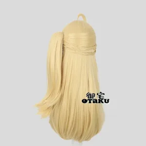 Premium 75cm blonde cosplay wig for Cissia from Zenless Zone Zero, displaying a realistic top scalp parting and a long detachable claw-clip ponytail.