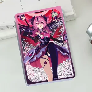 Thick rectangular Zenless Zone Zero acrylic mahjong block and a matching round badge showcasing character Aria with pink hair, bat wings, and a sparkling pink stage background.