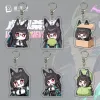 Six separate Zenless Zone Zero acrylic chibi keychains showing character Hoshimi Miyabi in various emote expressions, hiding in a box, and wearing a green melon costume.