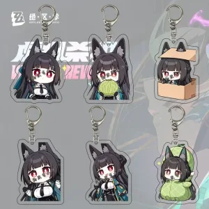 Six separate Zenless Zone Zero acrylic chibi keychains showing character Hoshimi Miyabi in various emote expressions, hiding in a box, and wearing a green melon costume.