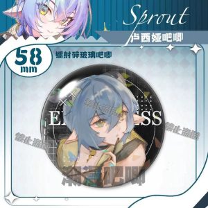 Round 58mm Zenless Zone Zero tinplate badge showcasing character Luciana with colorful gradient hair and elf ears under a glittering shattered glass holographic layer.