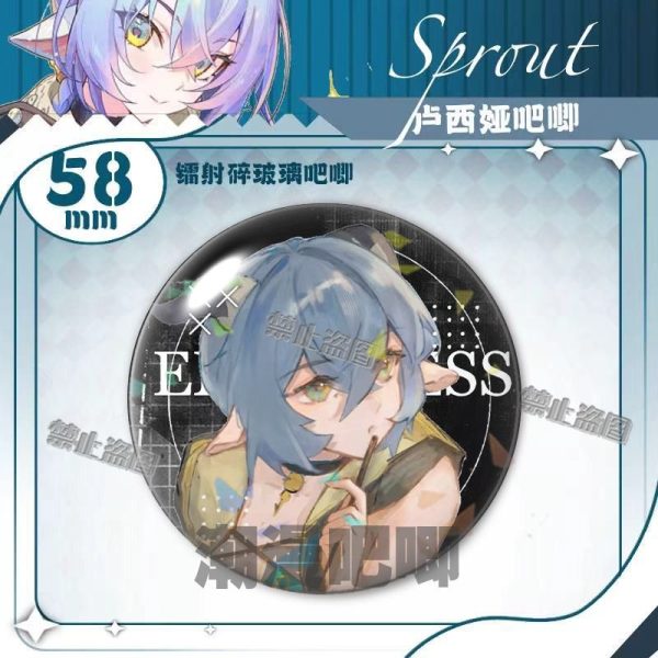 Round 58mm Zenless Zone Zero tinplate badge showcasing character Luciana with colorful gradient hair and elf ears under a glittering shattered glass holographic layer.