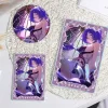Thick rectangular Zenless Zone Zero acrylic mahjong block and matching round badge showcasing a beautiful illustration of character Promeia sitting under a parasol umbrella with purple lighting.