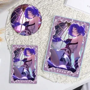 Thick rectangular Zenless Zone Zero acrylic mahjong block and matching round badge showcasing a beautiful illustration of character Promeia sitting under a parasol umbrella with purple lighting.