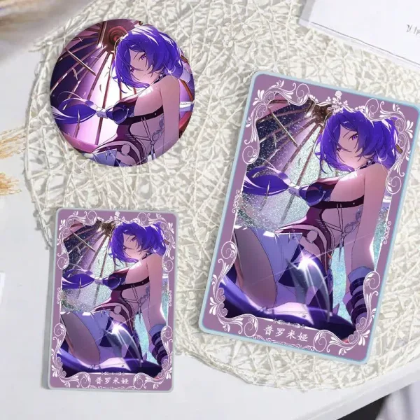 Thick rectangular Zenless Zone Zero acrylic mahjong block and matching round badge showcasing a beautiful illustration of character Promeia sitting under a parasol umbrella with purple lighting.